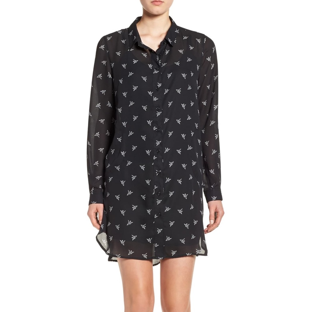 Crane Print Long Sleeve Shirtdress